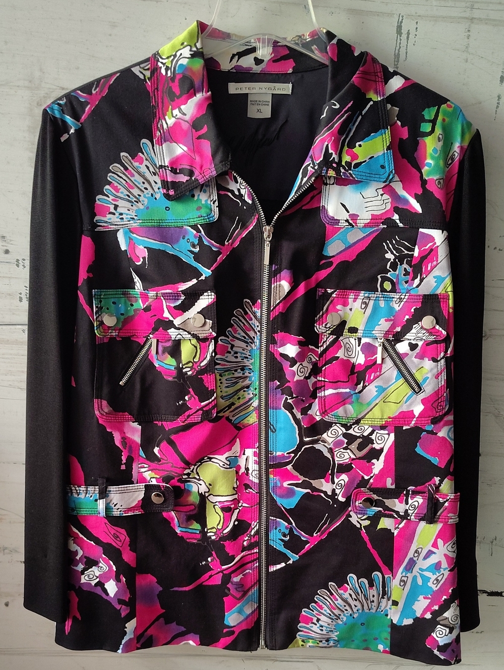 Peter Nygard Black Pink Teal Lime Abstract Zip Jacket